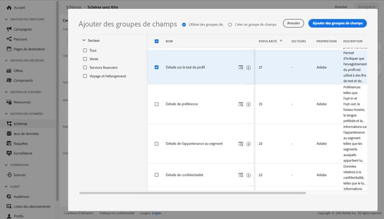 Section Groupes de champs avec bouton Ajouter