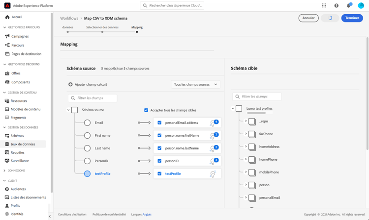 Interface de mappage des champs CSV affichant les champs source et cible
