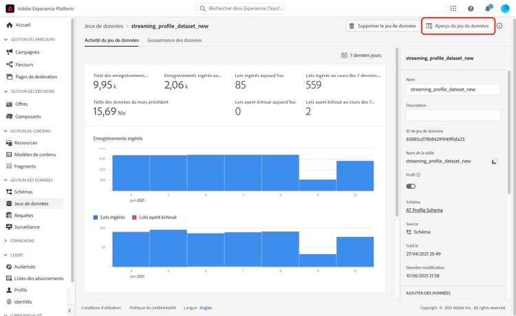 Statut de l’importation affichant la réussite avec le bouton Prévisualiser le jeu de données