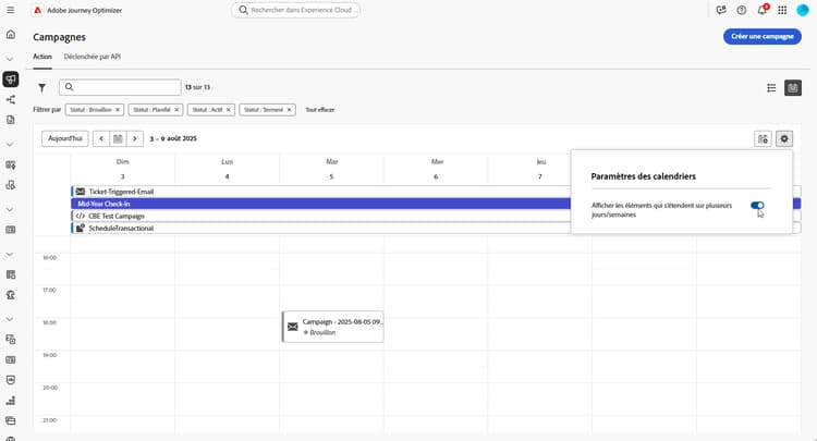 vue de calendrier affichant les campagnes actives