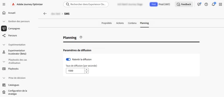 Paramètres de contrôle de la vitesse avec l’option Ralentir la diffusion et taux de diffusion par seconde