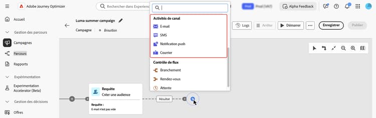 image montrant la zone de travail avec les activités disponibles