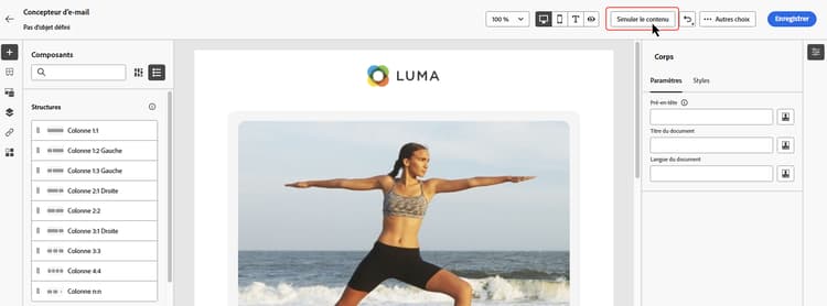 image montrant le bouton Simuler du contenu