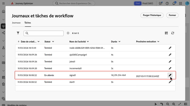 Écran Journaux et tâches où les variables d’événement de campagne sont disponibles