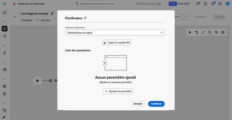 Menu Planning avec l’option Déclenché par un signal sélectionnée
