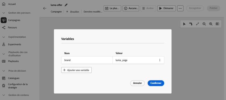Panneau Variables pour ajouter ou modifier des variables