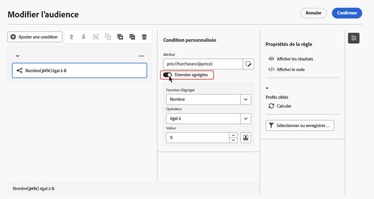 Capture décran de l’option Données agrégées