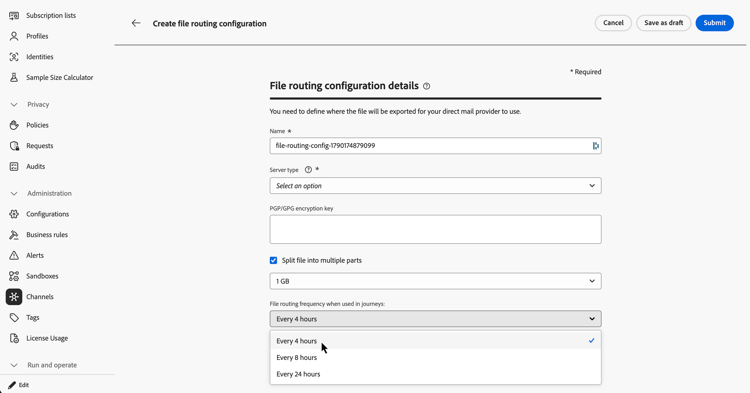 Paramètres de fréquence d'export de parcours pour une configuration du routage des fichiers