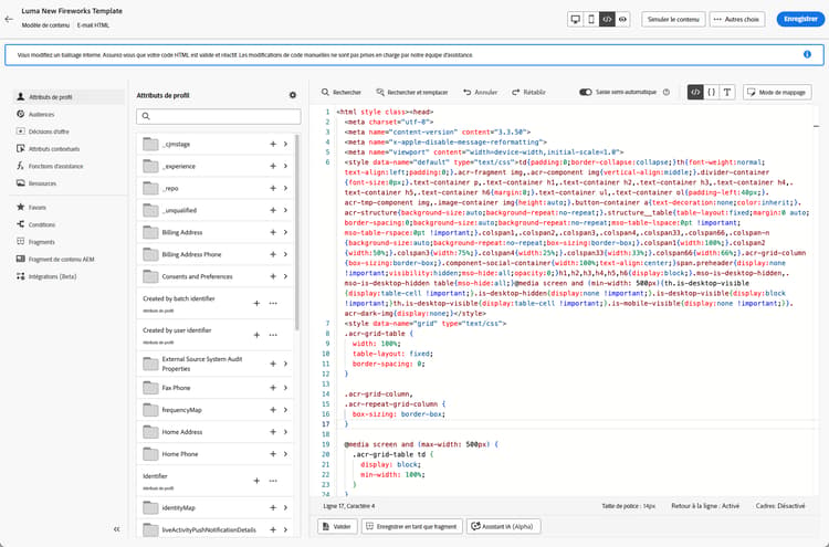 Interface de l’éditeur HTML avancé affichant le code source de l’e-mail