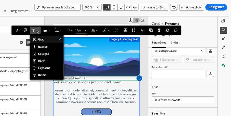 Options de mise en forme de texte enrichi dans la barre d’outils du Concepteur d’e-mail