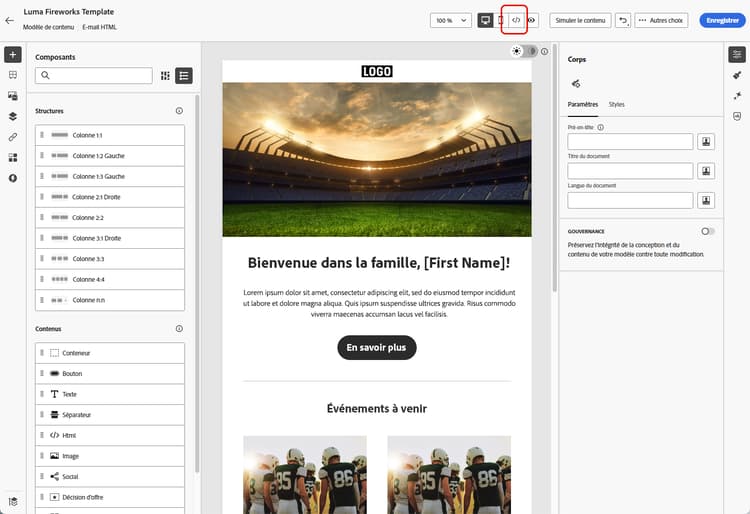 Emplacement du bouton HTML dans la barre d’outils du concepteur d’e-mail