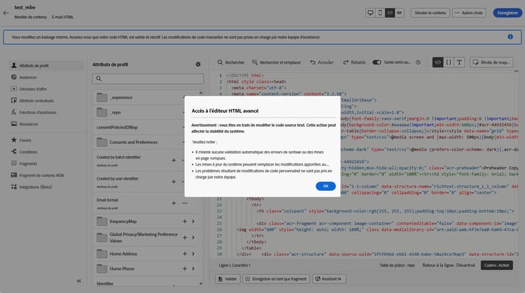 Boîte de dialogue d’avertissement lors de la première ouverture de l’éditeur HTML avancé