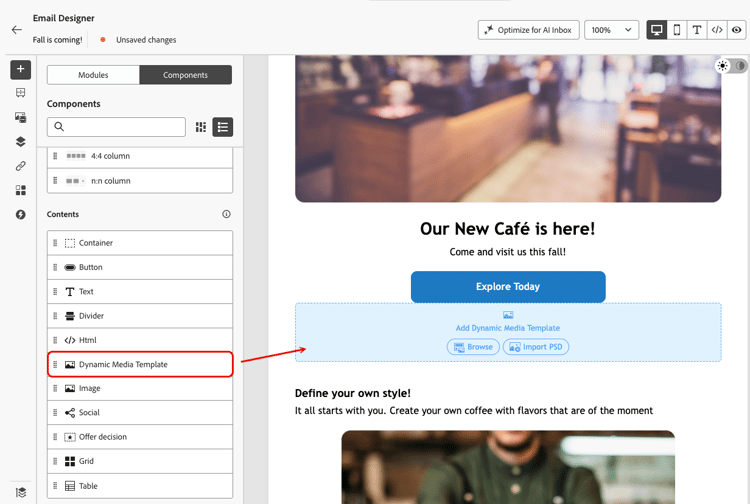 Le composant Modèle Dynamic Media est mis en surbrillance avec la zone de dépôt Ajouter un modèle Dynamic Media dans Email Designer