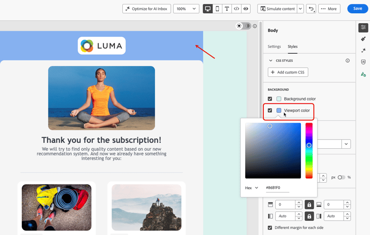 Panneau Styles du Concepteur d’e-mail avec l’option de couleur Fenêtre d’affichage mise en surbrillance et un sélecteur de couleurs ouvert pour choisir la couleur d’arrière-plan appliquée à toutes les structures