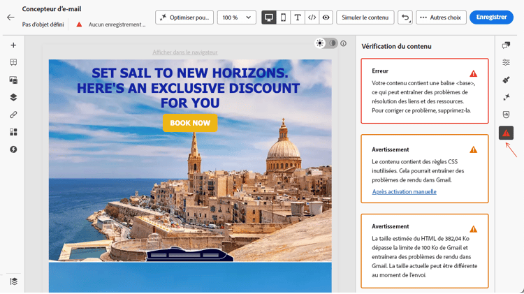 Panneau Vérification du contenu dans le Concepteur d’e-mail affichant des problèmes