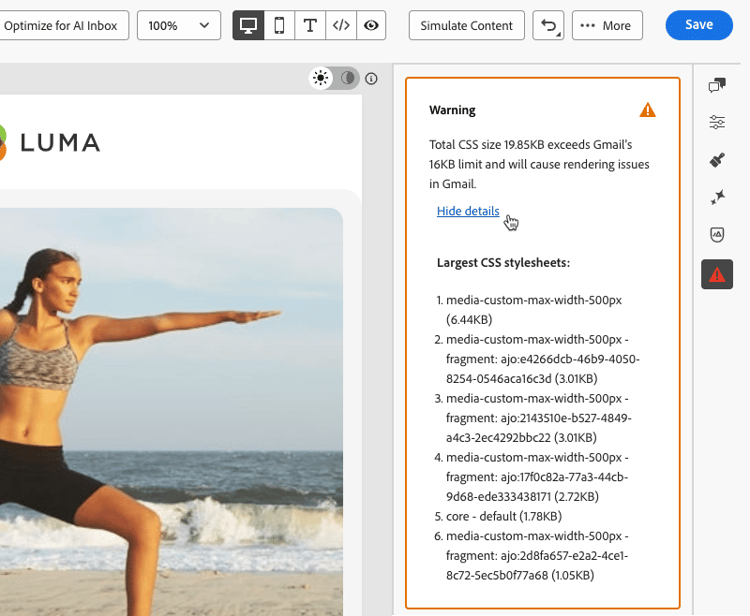Panneau Vérification du contenu dans le Concepteur d’e-mail affichant des détails