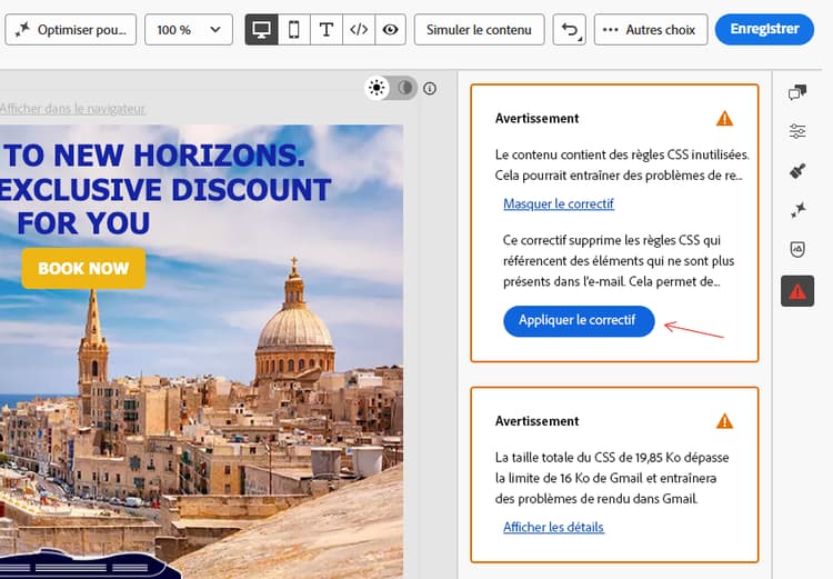 Volet de vérification Contenu du Designer Email avec le bouton Appliquer le correctif