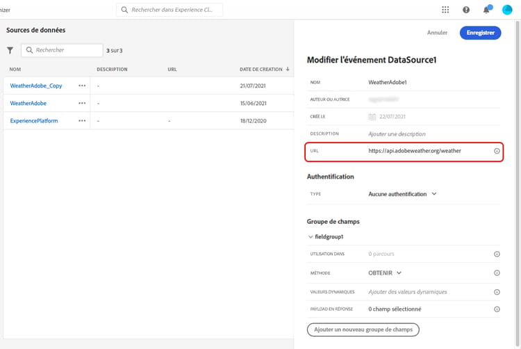 Champ URL de source de données externe avec exemple de point d’entrée de l’API météo saisi