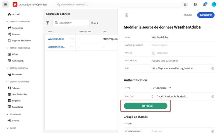 Le bouton Test d’authentification est devenu vert pour indiquer une validation réussie