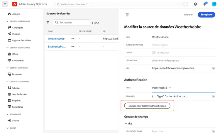 Bouton de test d’authentification personnalisée dans la configuration de la source de données