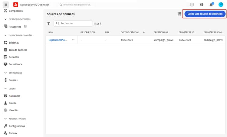 Écran de liste Sources de données avec le bouton Créer une Source de données en surbrillance