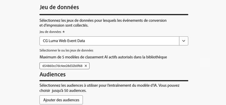 Sélection de jeu de données pour les événements de conversion et d’impression