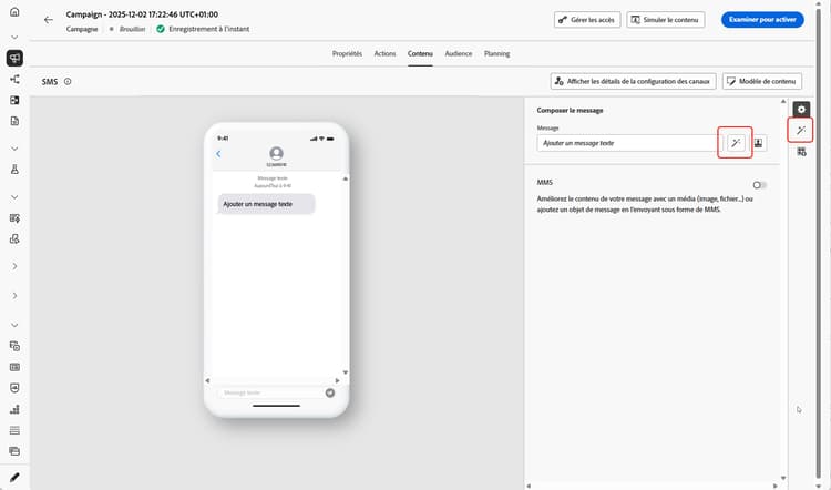 Éditeur de messages SMS avec le panneau Assistant IA ouvert