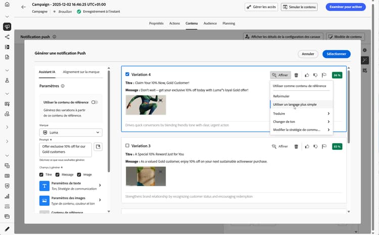 Options Affiner pour les notifications push