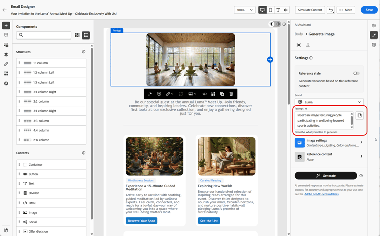 Panneau de génération d’images de l’assistant AI avec des options