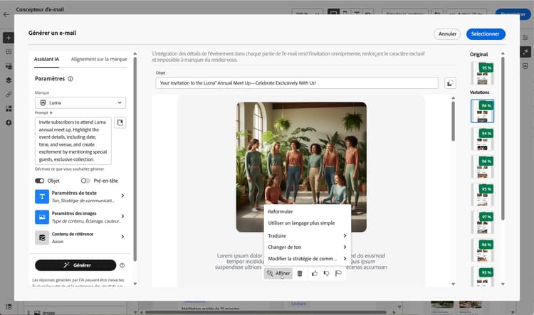 Menu Affiner affichant les options