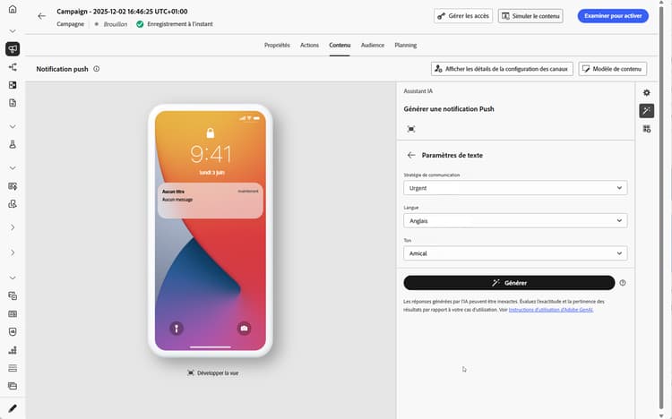 Panneau Paramètres de texte pour les notifications push