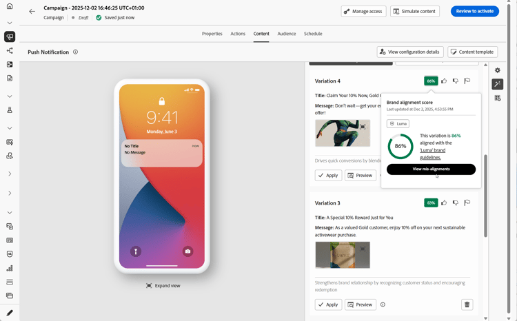 Variantes des notifications push générées avec score d’alignement des marques