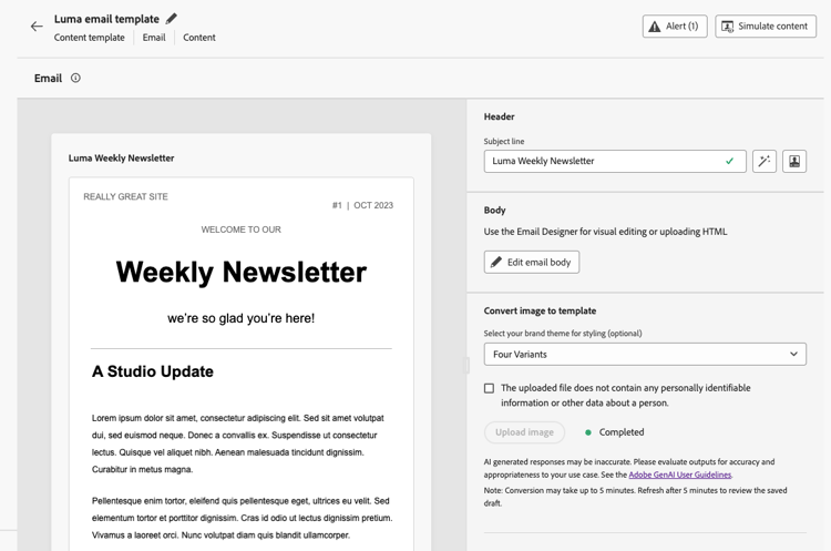 Modèle de contenu d’e-mail affichant le brouillon généré à partir de la conversion d’image