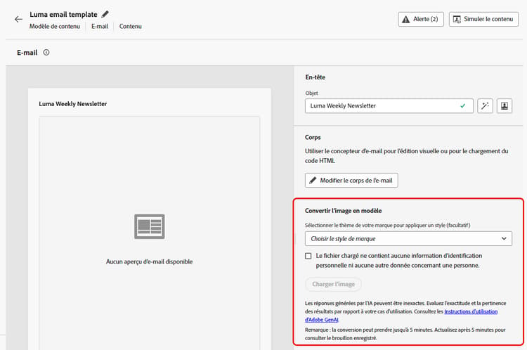 Éditeur de modèles de contenu d’e-mail Journey Optimizer avec la section Convertir l’image en modèle