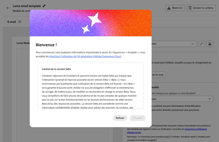Boîte de dialogue des conditions d’utilisation de l’IA générative dans Journey Optimizer
