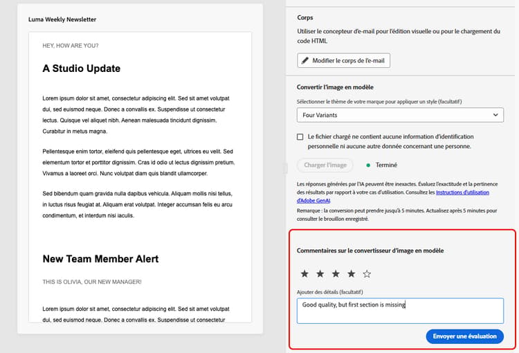 Section Commentaires dans Journey Optimizer avec une zone de texte pour faire part de vos idées et suggestions