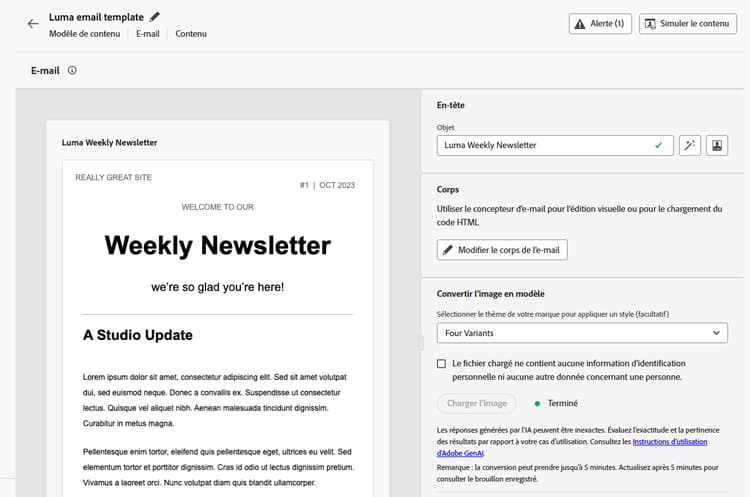 Modèle de contenu d’e-mail affichant le brouillon généré à partir de la conversion d’image