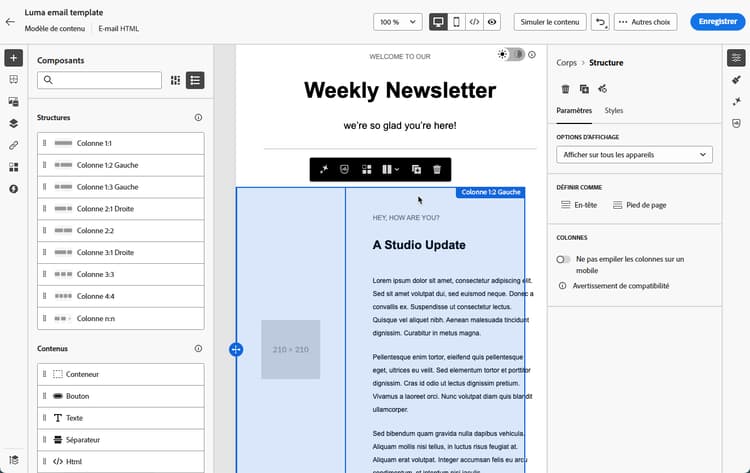 Concepteur d’e-mail dans Journey Optimizer affichant le modèle converti en tant que composants de contenu modulaires à modifier