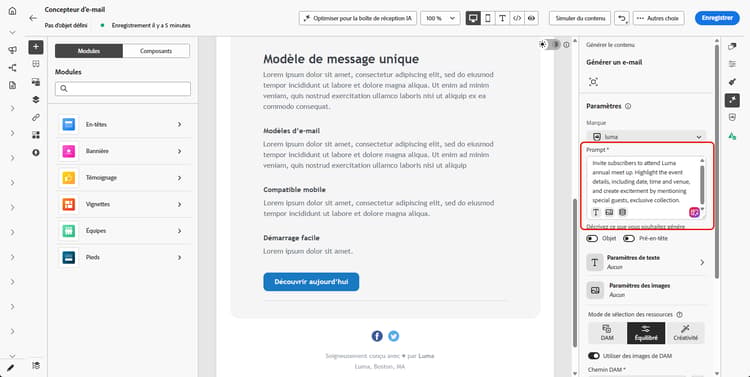 Champ de prompt avec bouton Bibliothèque de prompts