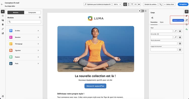 Panneau Générer du contenu affichant la sélection de la marque et le champ du prompt