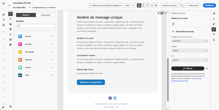 Panneau Paramètres de texte affichant la stratégie de communication, les langues et les options de ton