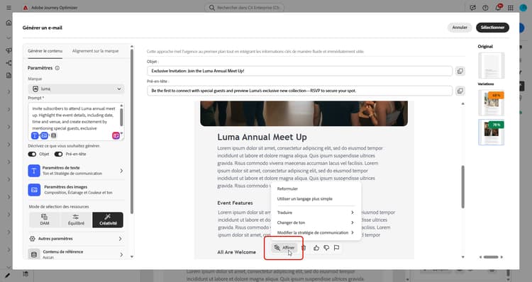 Menu Affiner affichant les options