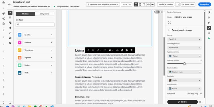Panneau Paramètres d’image avec des commandes