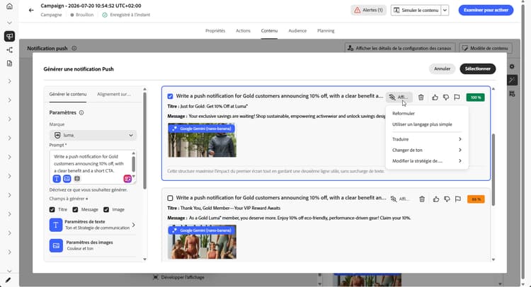 Options Affiner pour les notifications push