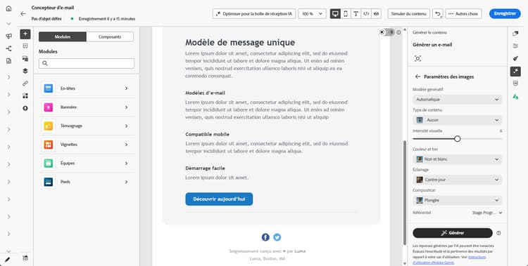 Panneau Paramètres d’image affichant les options Type de contenu, Intensité visuelle, Couleur et ton, Éclairage et Composition