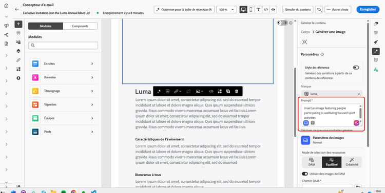 Panneau Générer une image de contenu avec des options