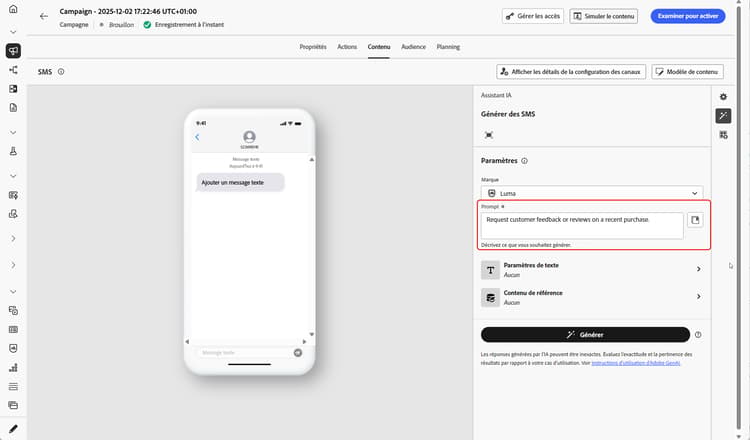 Générer le contenu avec le champ et les options d’invite