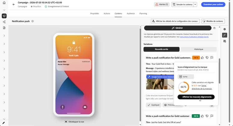 Variations des notifications push générées avec score d’alignement sur la marque