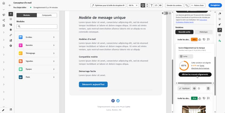 Panneau Score d’alignement des marques indiquant le score en pourcentage