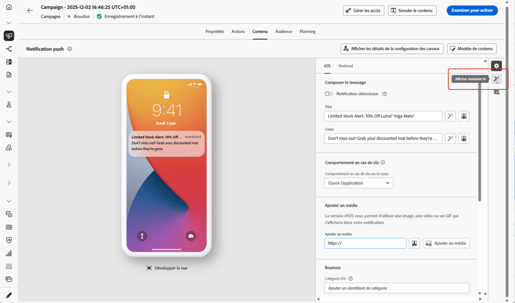 Capture d’écran affichant le menu Afficher générer le contenu